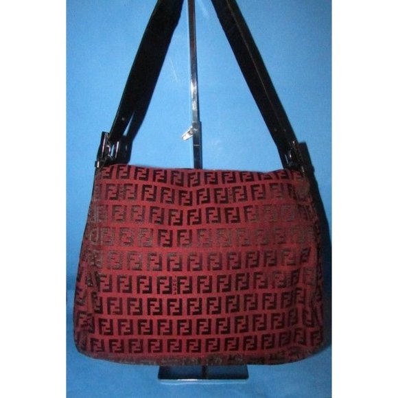 Fendi Mamma Zucco Zucchino Shoulder Bag Black Logo Print On Dark Red Canvas - Picture 8 of 12